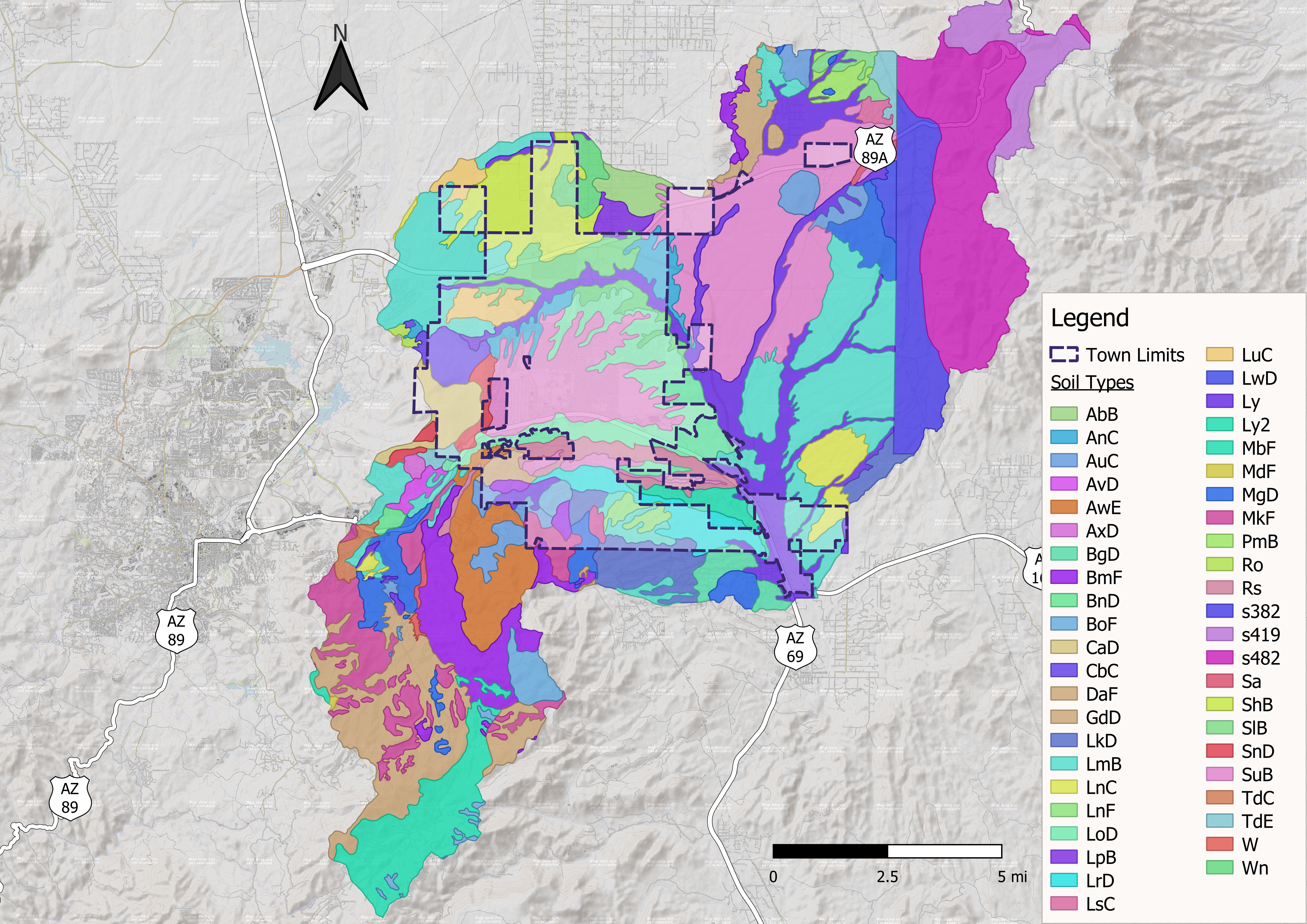 45 unique soil map units from which Green and Ampt parameter values are calculated and used in the hydrologic modeling of the Town of Prescott Valley study area for this stormwater recharge project